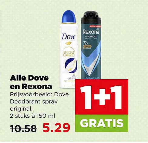 Alle Dove en Rexona Prijsvoordeel: Dove Deodorant spray original, 2 stuks à 150 ml 1+1 GRATIS