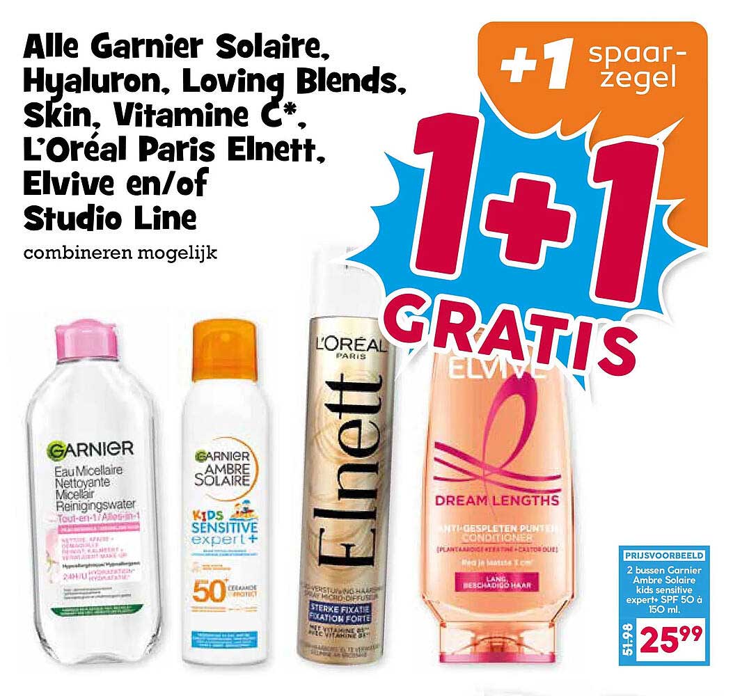 Alle Garnier, Solaire, Hyaluron, Loving Blends, Skin, Vitamine C*, L’Oréal Paris Elnett, Elvive en/of Studio Line +1 spaarzegel 1+1 gratis