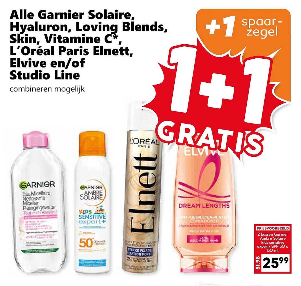 Alle Garnier Solaire, Hyaluron, Loving Blends, Skin, Vitamine C*, L'Oréal Paris Elnett, Elvive en/of Studio Line combineren mogelijk +1 spaarzegel 1+1 GRATIS