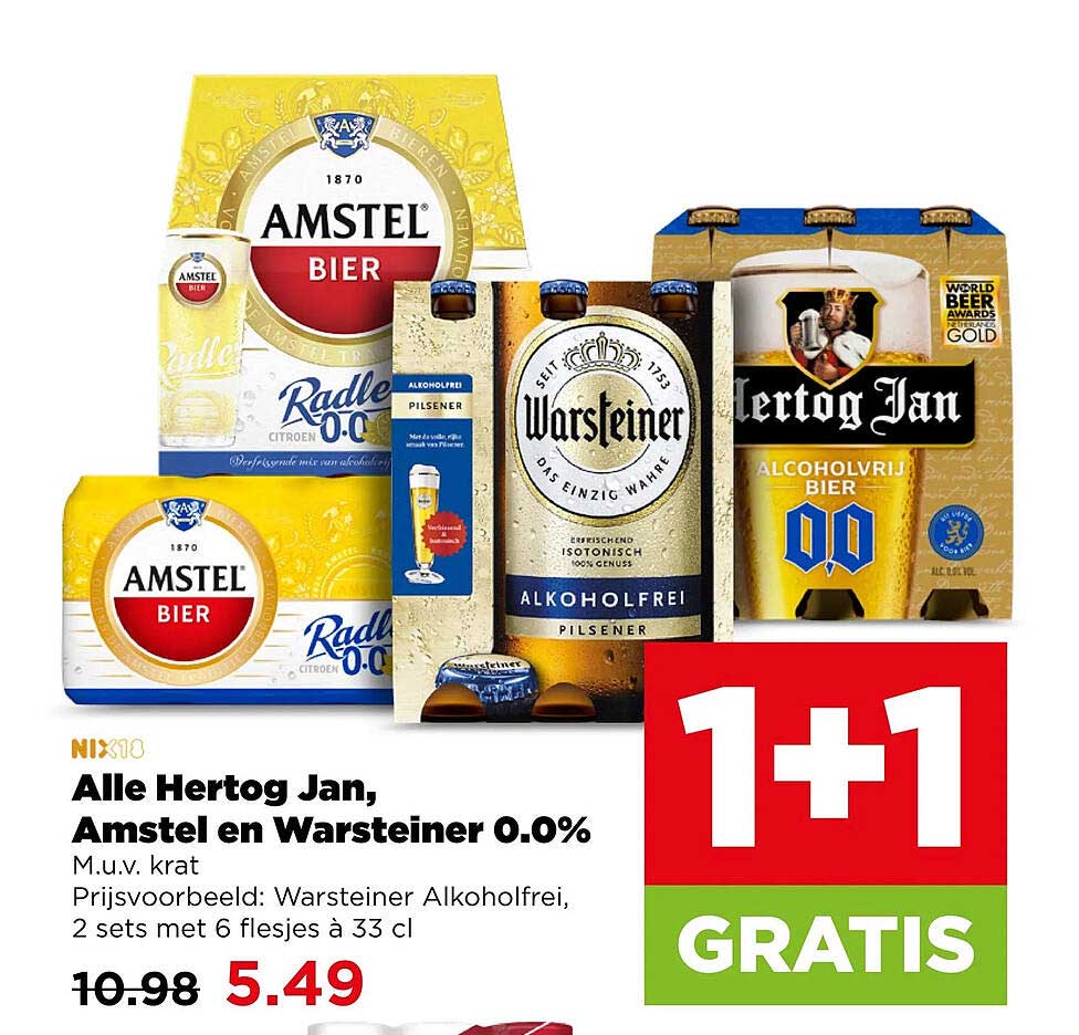Alle Hertog Jan, Amstel en Warsteiner 0.0% 1+1 gratis