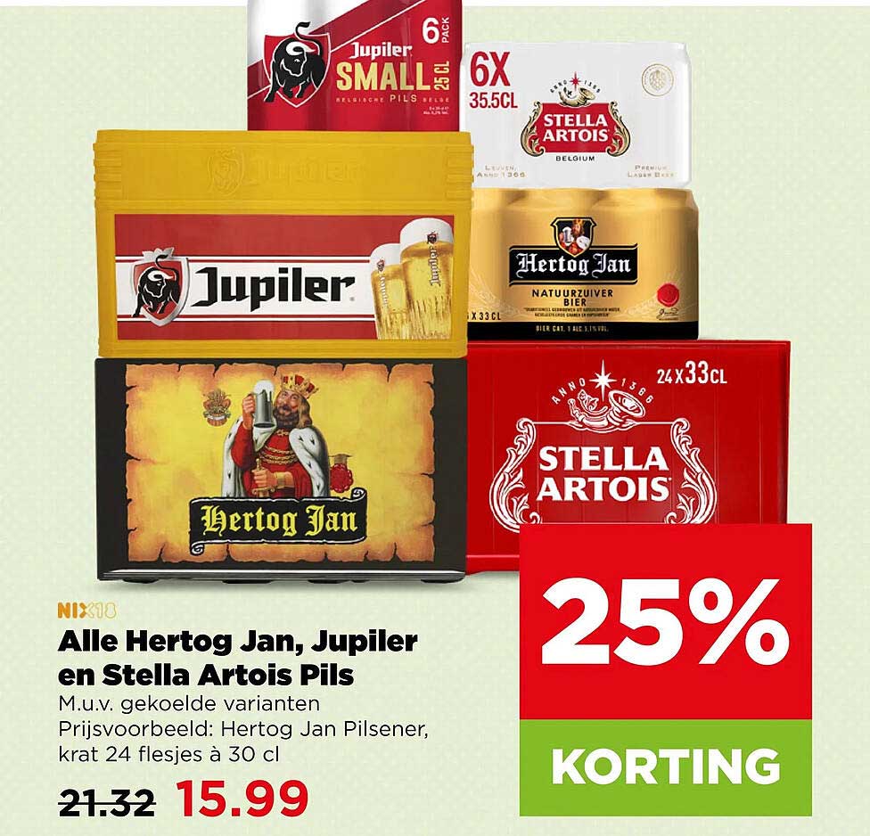 Alle Hertog Jan, Jupiler en Stella Artois Pils 25% KORTING