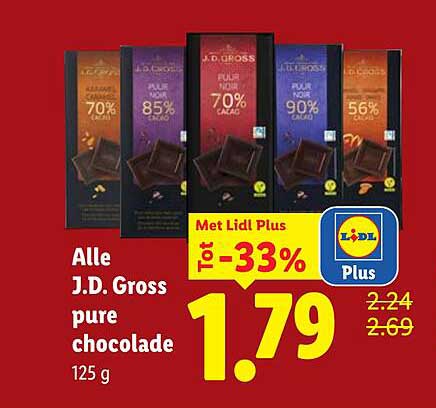 Alle J.D. Gross pure chocolade 125 g Tot -33%