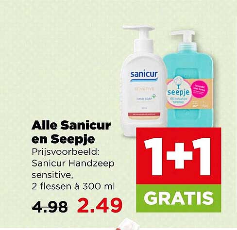 Alle Sanicur en Seepje Prijsvoorbeeld: Sanicur Handzeep sensitive, 2 flessen à 300 ml 1+1 GRATIS