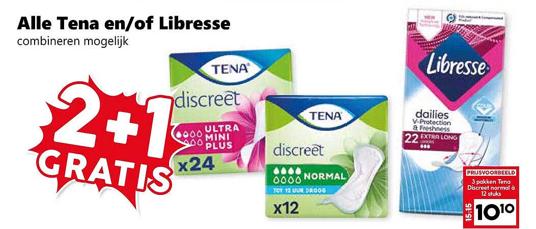 Alle Tena en/of Libresse combineren mogelijk 2+1 GRATIS