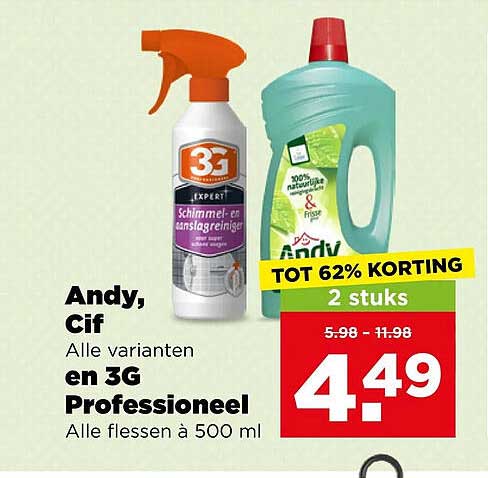 Andy, Cif Alle varianten en 3G Professioneel Alle flessen à 500 ml TOT 62% KORTING 2 stuks