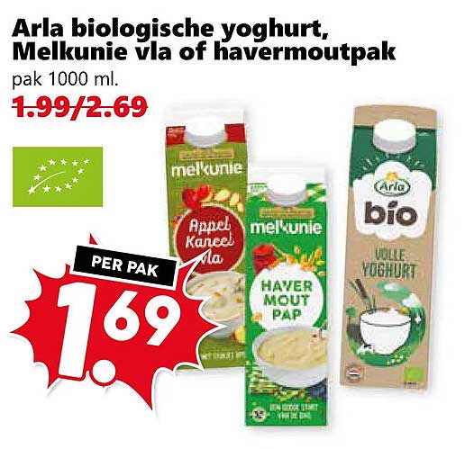 Arla biologische yoghurt, Melkunie vla of havermoutpak