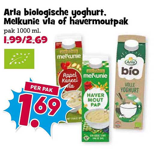 Arla biologische yoghurt, Melkunie vla of havermoutpak pak 1000 ml. 2e halve prijs