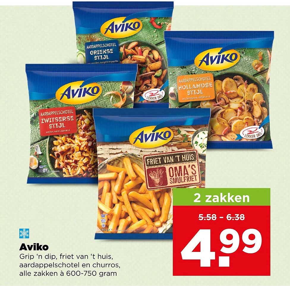 Aviko Grip ’n dip, friet van ’t huis, aardappelschotel en churros, alle zakken à 600-750 gram 2 zakken