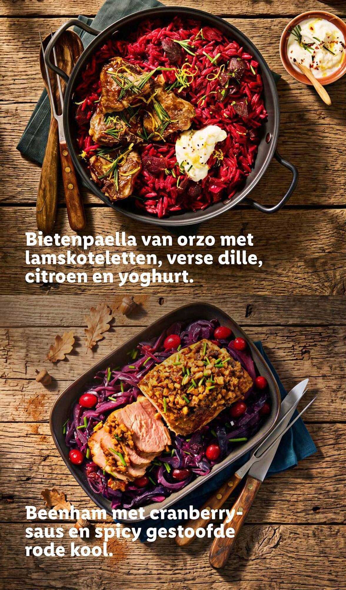 Bietenpaella van orzo met lamskoteletten, verse dille, citroen en yoghurt.