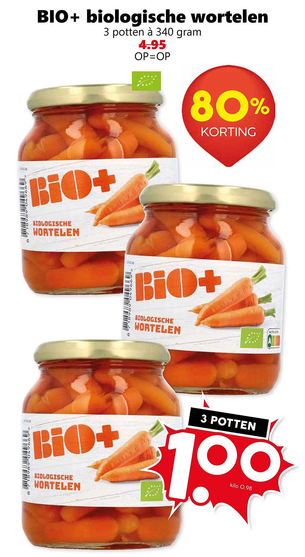 BIO+ biologische wortelen 3 potten à 340 gram OP=OP 80% korting