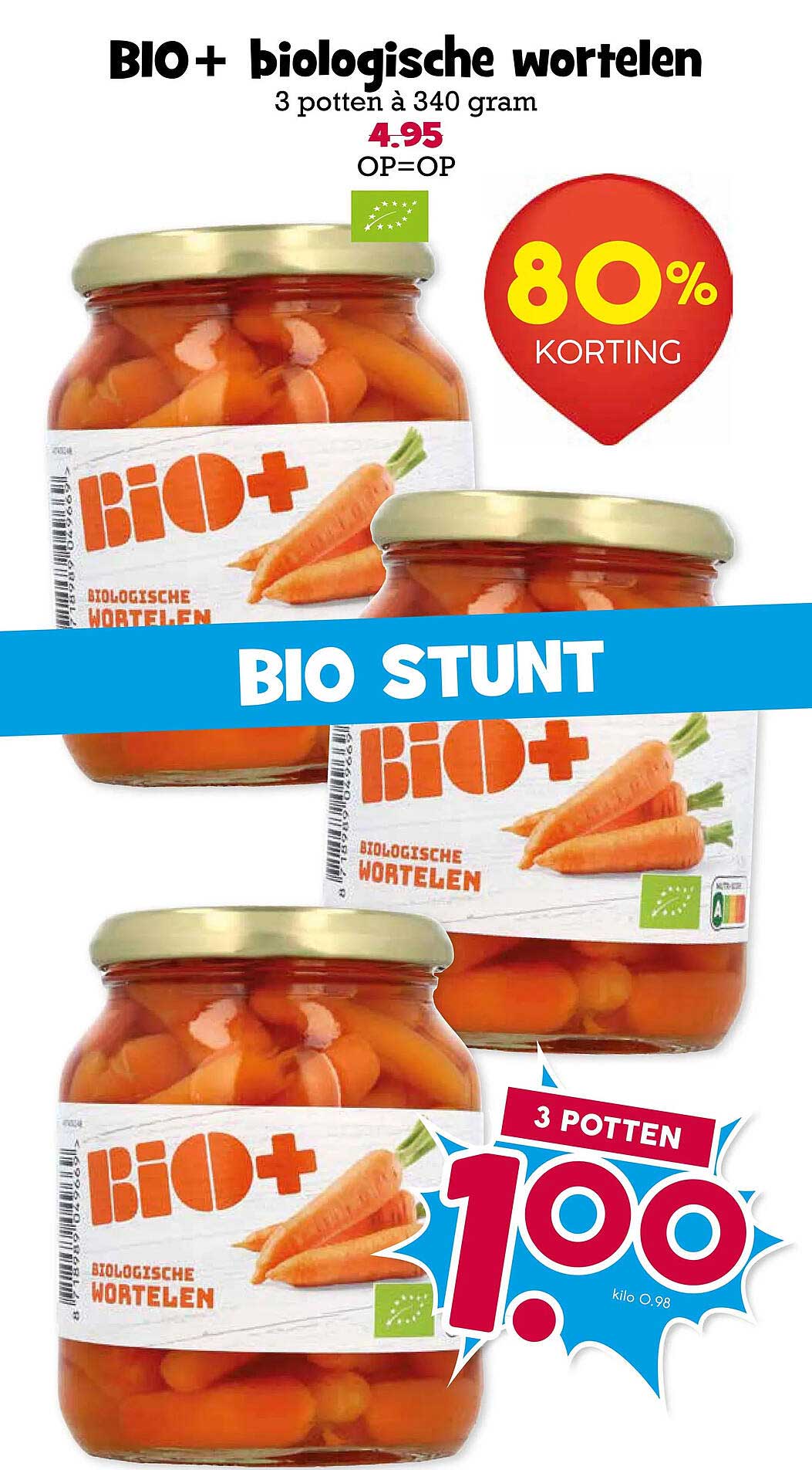 BIO+ biologische wortelen 3 potten à 340 gram