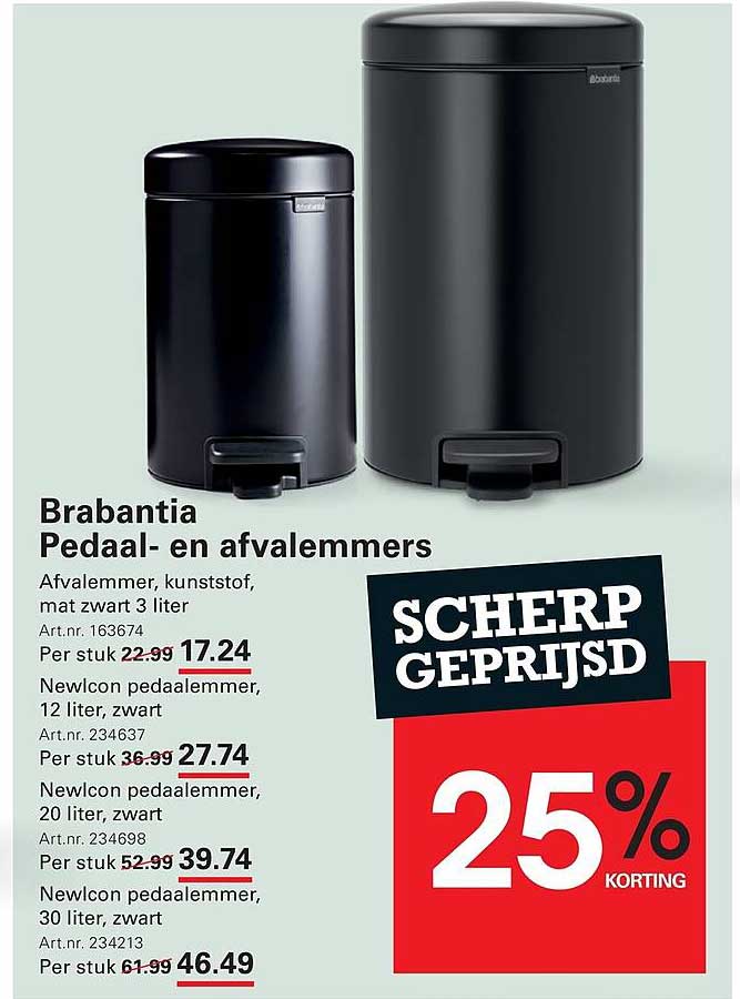 Brabantia Pedaal- en afvalemmers 25% korting