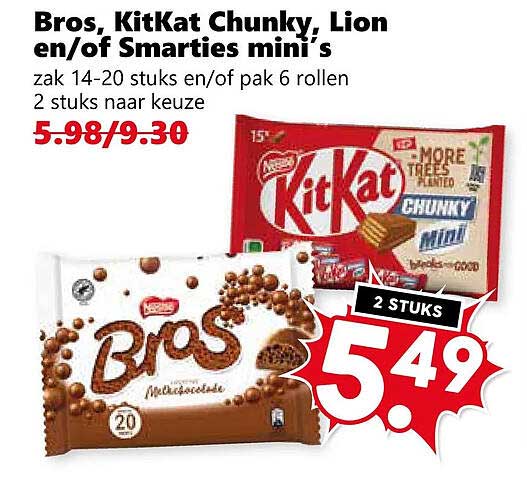 Bros, KitKat Chunky, Lion en/of Smarties mini’s 2 stuks