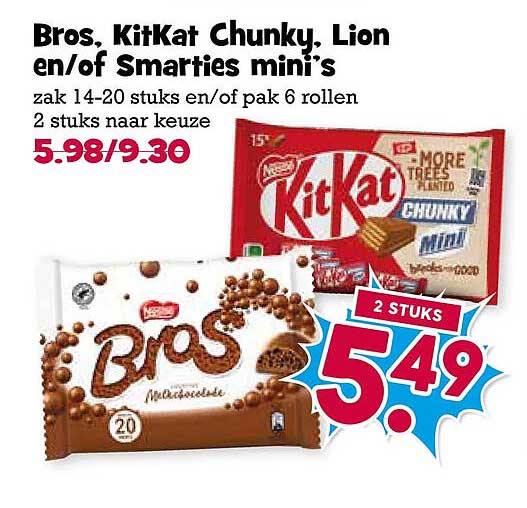 Bros, KitKat Chunky, Lion en/of Smarties mini's
