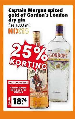 Captain Morgan spiced gold of Gordon’s London dry gin fl. 1000 ml. 25% KORTING