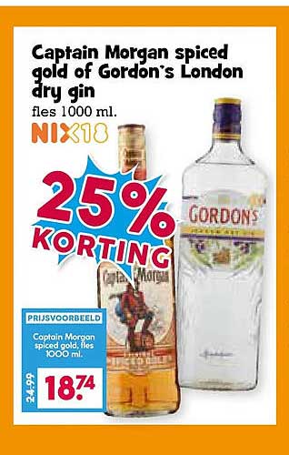 Captain Morgan spiced gold of Gordon's London dry gin fles 1000 ml. 25% korting