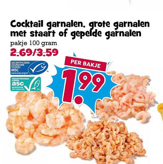 Cocktail garnalen, grote garnalen met staart of gepelde garnalen