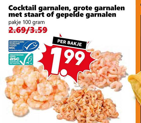 Cocktail garnalen, grote garnalen met staart of gepelde garnalen pakje 100 gram