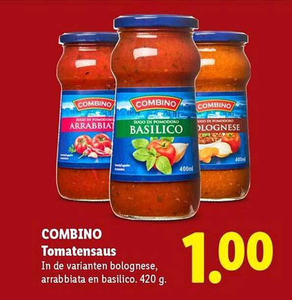 COMBINO Tomatensaus In de varianten bolognese, arrabbiata en basilico. 420 g.