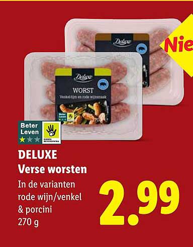 DELUXE Verse worsten In de varianten rode wijn/venkel & porcini 270 g