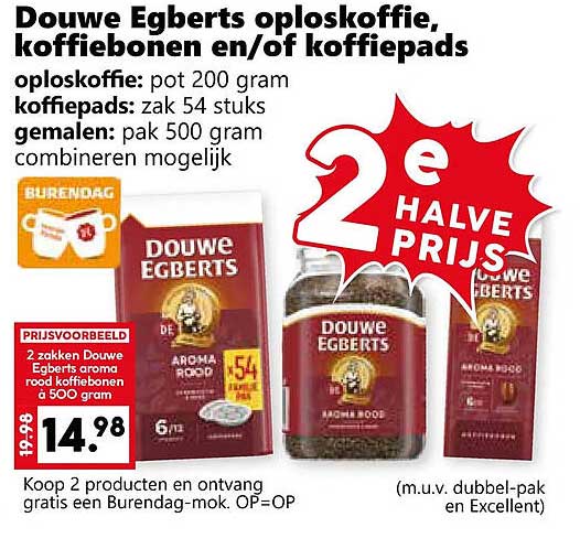 Douwe Egberts oploskoffie, koffiebonen en/of koffiepads 2e halve prijs