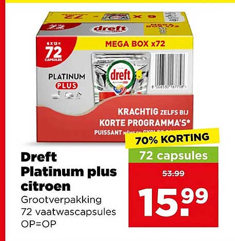 Dreft Platinum plus citroen Grootverpakking 72 vaatwascapsules OP=OP 70% KORTING