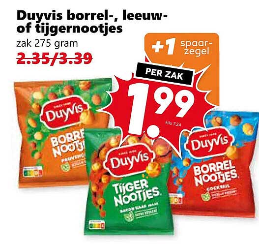 Duyvis borrel-, leeuw- of tijgernootjes +1 spaar-zegel