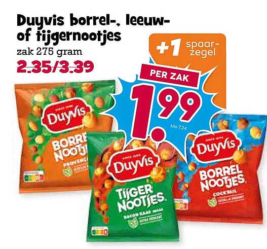 Duyvis borrel-, leeuw- of tijgernootjes +1 spaarzegel