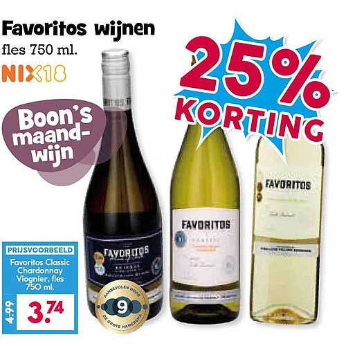 Favoritos wijnen fles 750 ml. NIX18 Boon’s maand-wijn 25% KORTING