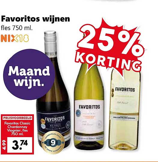 Favoritos wijnen fles 750 ml. NIX18 Maand wijn. 25% KORTING