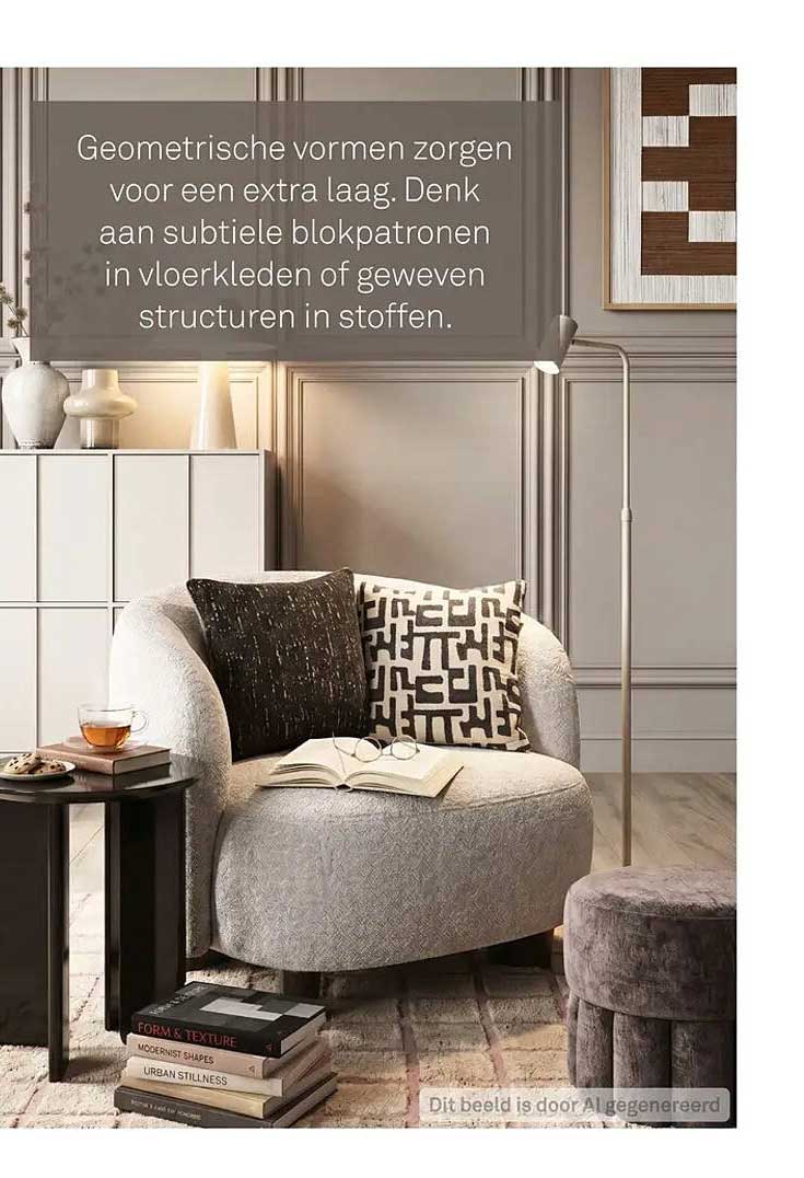 Geometrische vormen zorgen voor een extra laag. Denk aan subtiele blokpatronen in vloerkleden of geweven structuren in stoffen.