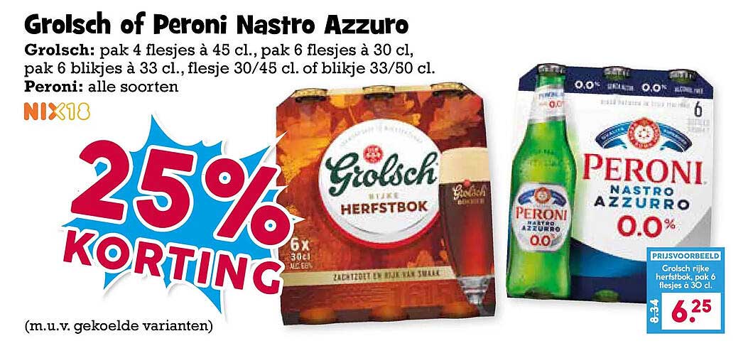 Grolsch of Peroni Nastro Azzurro 25% KORTING