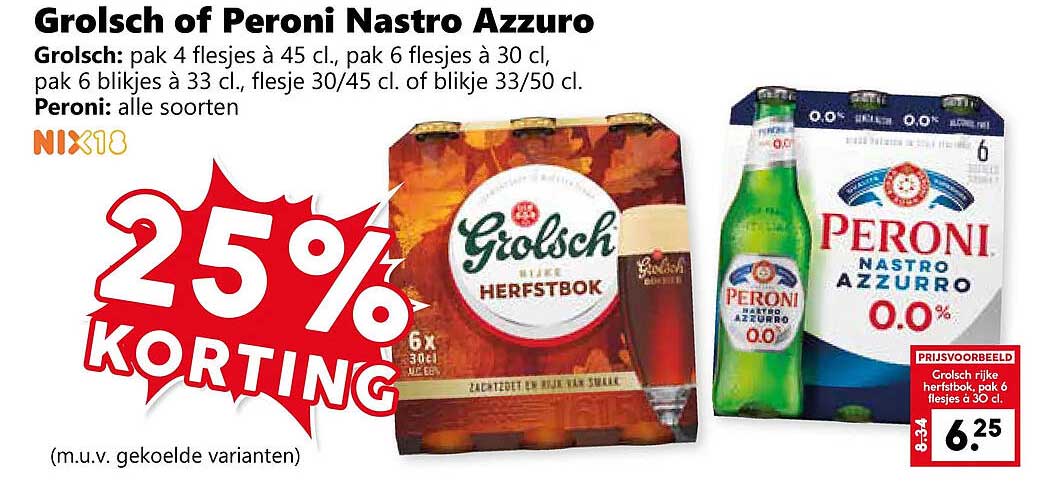 Grolsch of Peroni Nastro Azzurro 25% KORTING