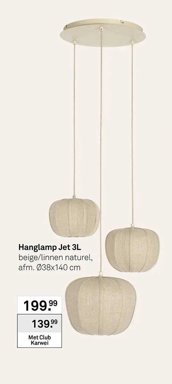 Hanglamp Jet 3L beige/linnen naturel, afm. Ø38x140 cm