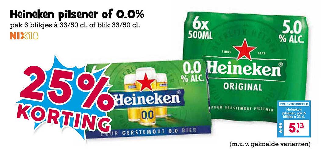 Heineken pilsener of 0.0% pak 6 blikjes à 33/50 cl. of blik 33/50 cl. 25% KORTING