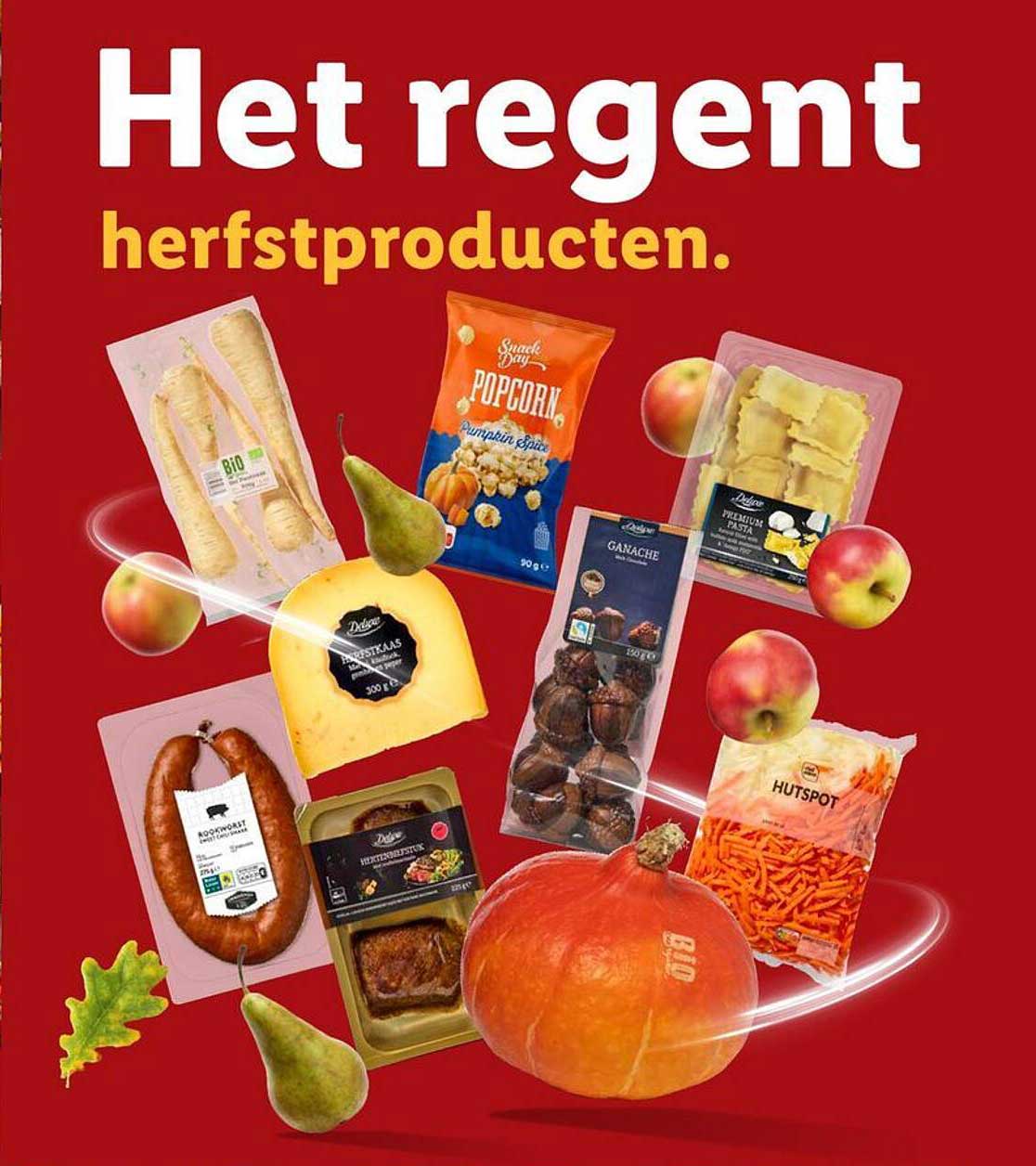 Het regent herfstproducten.