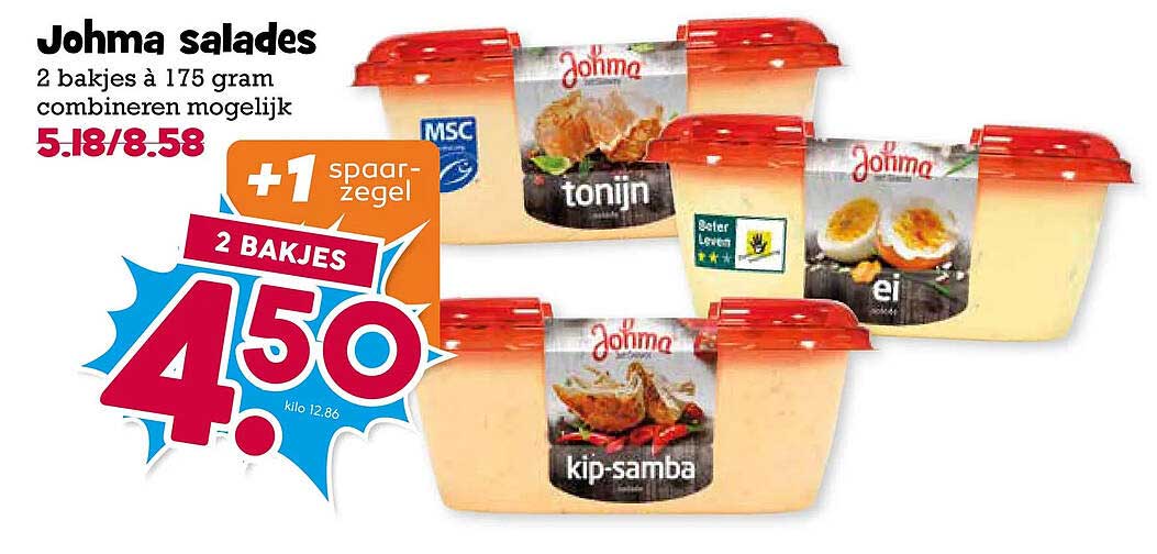 Johma salades 2 bakjes à 175 gram combineren mogelijk +1 spaarzegel 2 bakjes