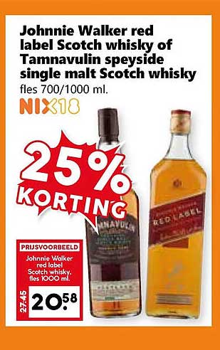 Johnnie Walker red label Scotch whisky of Tamnavulin speyside single malt Scotch whisky fles 700/1000 ml. NIX18 25% KORTING