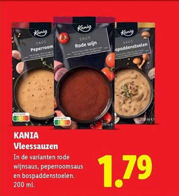 KANIA Vleessauzen In de varianten rode wijnsaus, peperroomsaus en bossaddenstoelen. 200 ml.