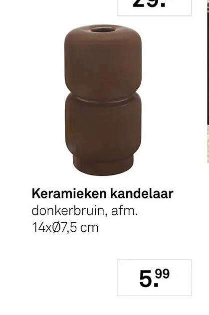 Keramieken kandelaar donkerbruin, afm. 14xØ7,5 cm