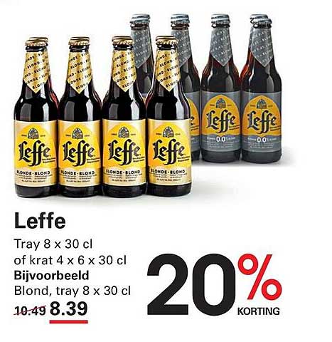 Leffe Tray 8 x 30 cl of krat 4 x 6 x 30 cl Bijvoorbeeld Blond, tray 8 x 30 cl 20% korting