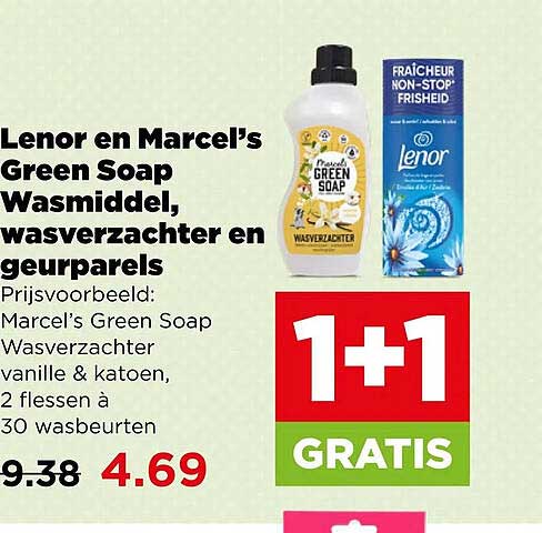 Lenor en Marcel's Green Soap wasmiddel, wasverzachter en geurparels 1+1 GRATIS