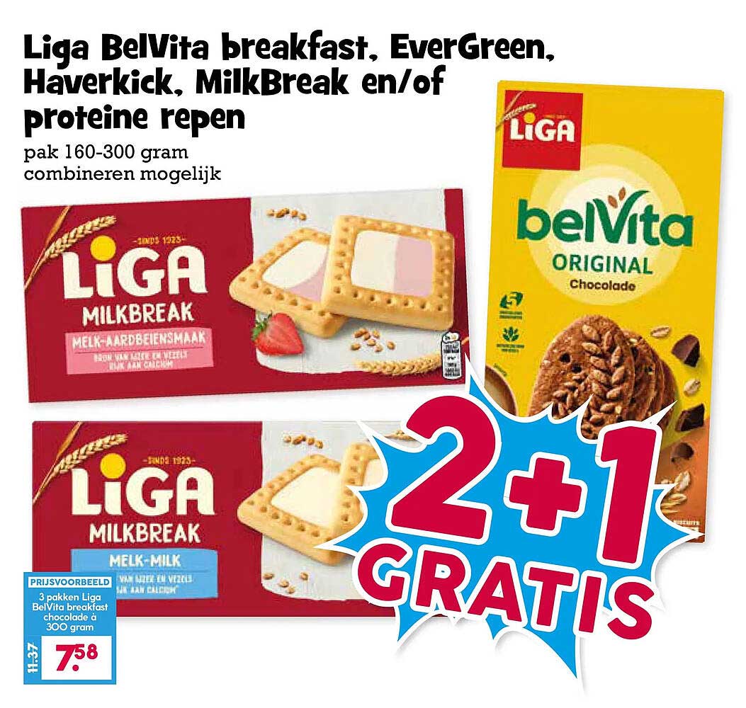 Liga BelVita breakfast, EverGreen, Haverkick, MilkBreak en/of proteïne repen 2+1 gratis