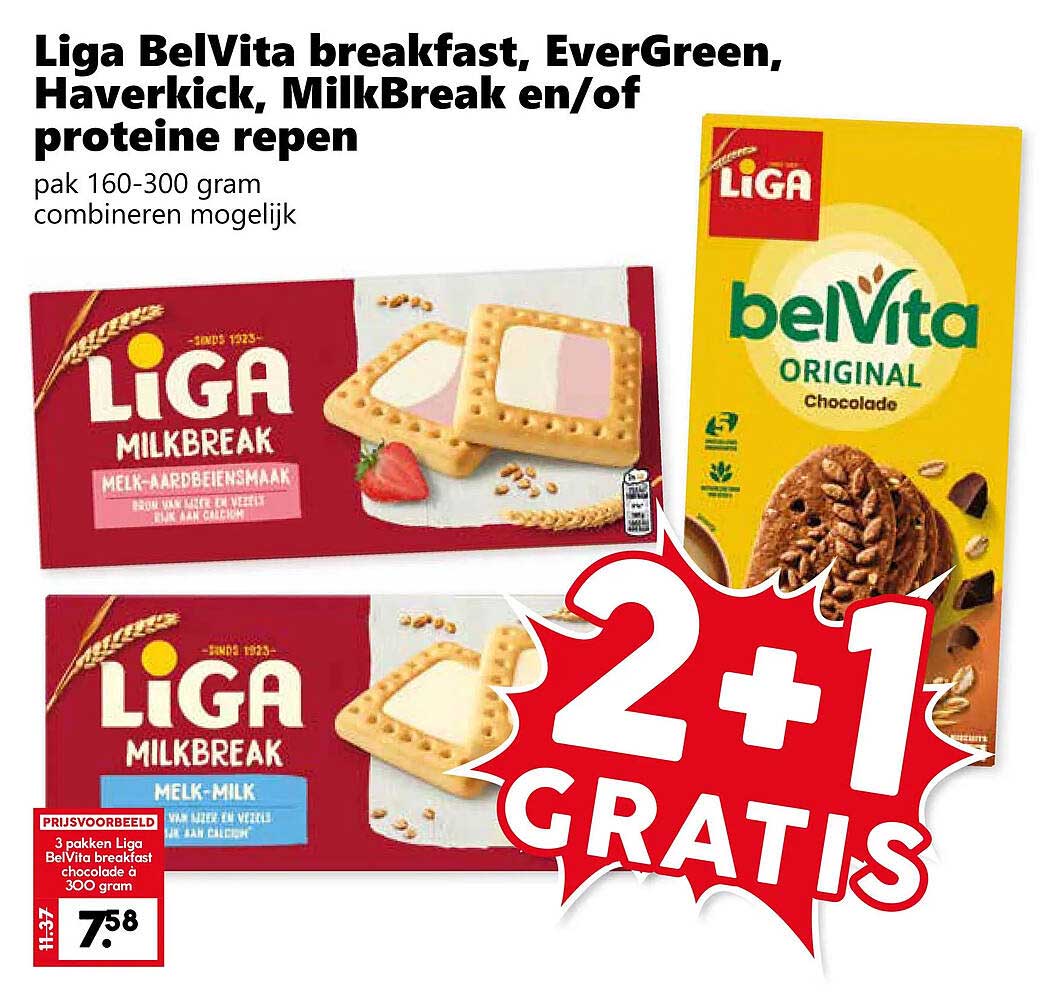 Liga BelVita breakfast, EverGreen, Haverkick, MilkBreak en/of proteïne repen 2+1 GRATIS
