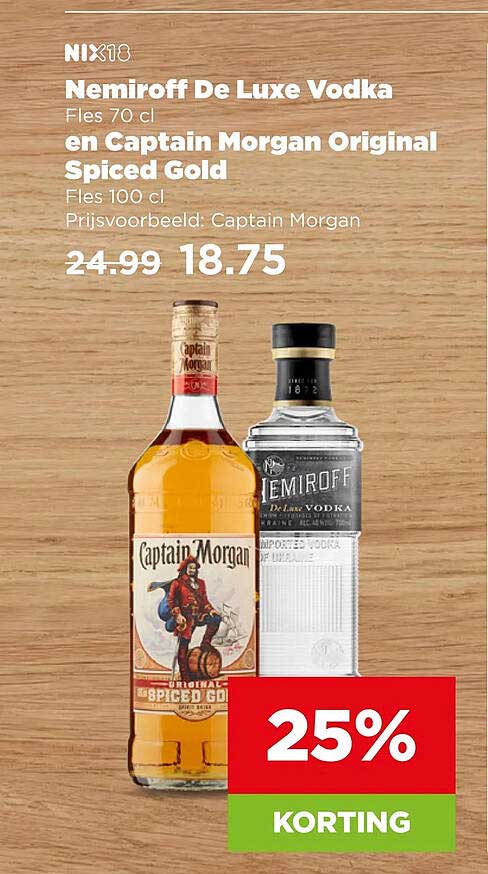 Nemiroff De Luxe Vodka Fles 70 cl en Captain Morgan Original Spiced Gold Fles 100 cl 25% KORTING
