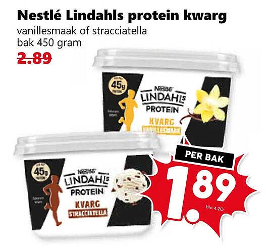 Nestlé Lindahls protein kwarg vanillesmaak of stracciatella bak 450 gram