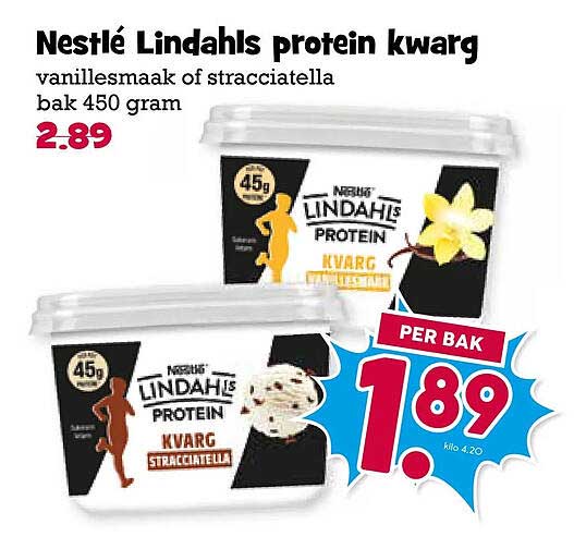 Nestlé Lindahls protein kwarg vanillesmaak of stracciatella bak 450 gram PER BAK