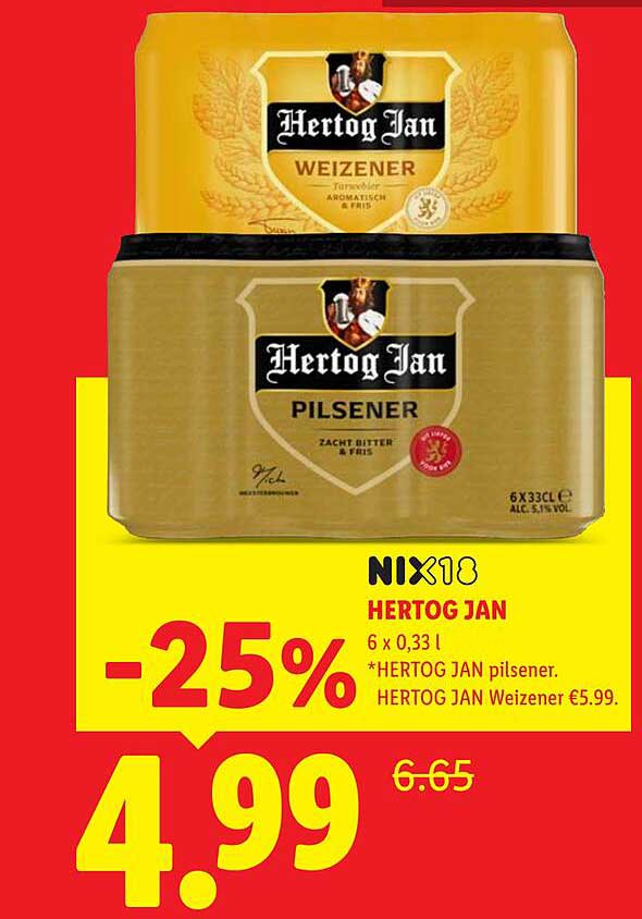 NIX18 HERTOG JAN 6 x 0,33 l *HERTOG JAN pilsener. HERTOG JAN Weizener €5.99. -25%