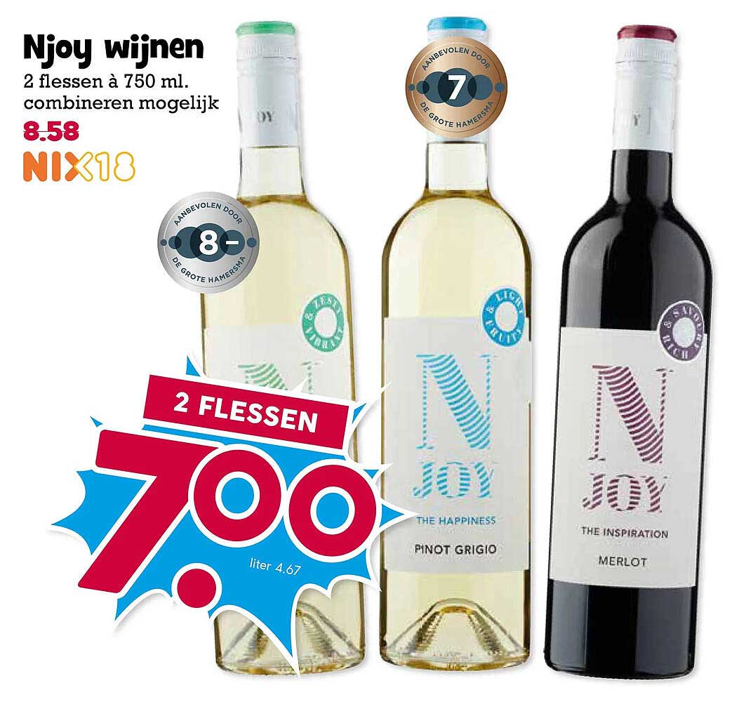 Njoy wijnen 2 flessen à 750 ml. combineren mogelijk