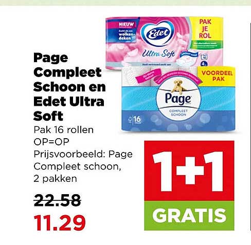 Page Compleet Schoon en Edet Ultra Soft Pak 16 rollen OP=OP Prijsvoorbeeld: Page Compleet schoon, 2 pakken 1+1 GRATIS